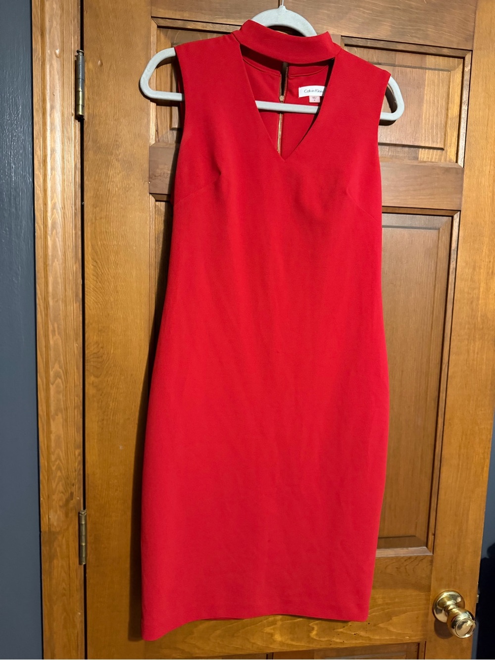 Calvin Klein Red V-Neck Midi Dress with Choker Collar
